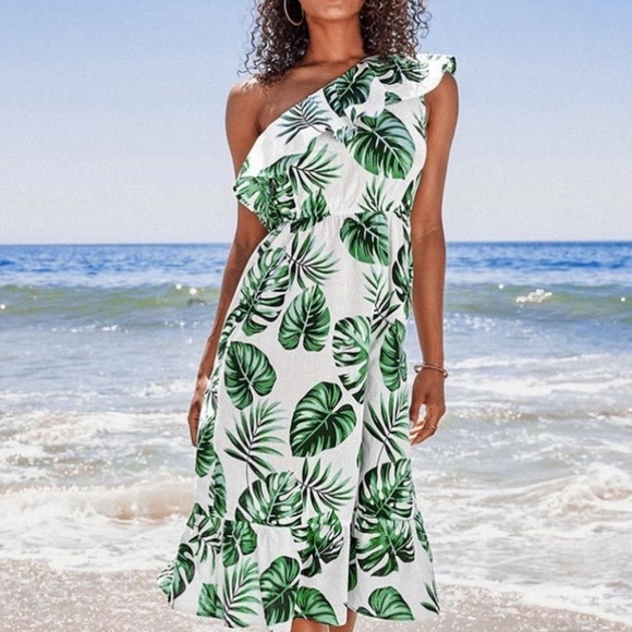 Cupshe Leaf print one shoulder ruffle midi dress size medium - Picture 2 of 10